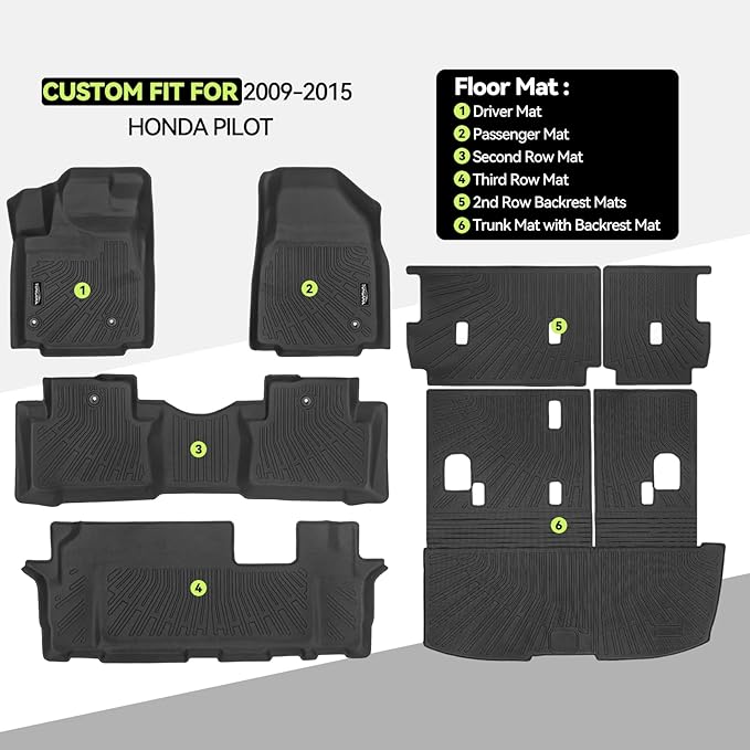 Tongama-Floor Mats for 2009-2015 Honda Pilot, All Weather TPE Floor Liners and Trunk Mat with Backrest Mats and 2nd Row Backrest Mats Protectors for Honda Pilot Interior Waterproof Accessories