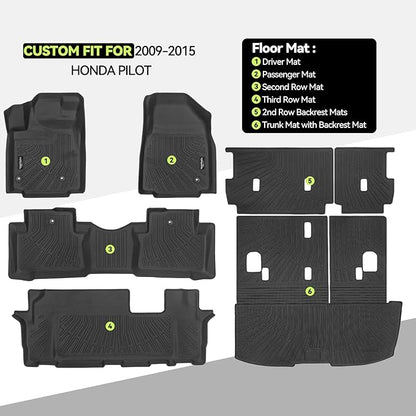 Tongama-Floor Mats for 2009-2015 Honda Pilot, All Weather TPE Floor Liners and Trunk Mat with Backrest Mats and 2nd Row Backrest Mats Protectors for Honda Pilot Interior Waterproof Accessories