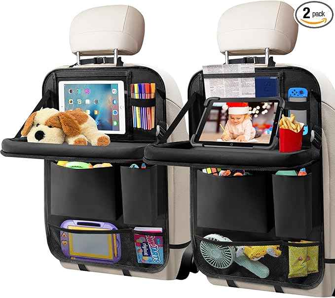 Car Backseat Organizer with Tablet Holder, 6 Storage Pockets Foldable Table Tray Seat Back Protectors Kick Mats Travel Accessories, 2 Pack Black