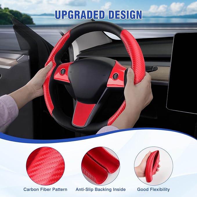 Steering Wheel Cover for Telsa Model 3/Model Y Accessories Carbon Fiber Steering Wheel Cover Protector Anti-Slip, Comfortable Grip, Breathable, Model 3/Y Accessories, Red 5PCS