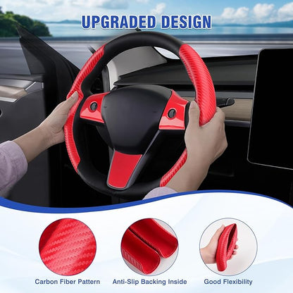 Steering Wheel Cover for Telsa Model 3/Model Y Accessories Carbon Fiber Steering Wheel Cover Protector Anti-Slip, Comfortable Grip, Breathable, Model 3/Y Accessories, Red 5PCS