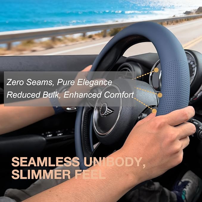 PINCTROT Nappa Leather Steering Wheel Cover, Slim Fit No Bulk Design, One Piece Leather with Breathable Perforation, Fit Like Gloves, Universal 14.5-15 Inch(Nappa Smoky Blue)