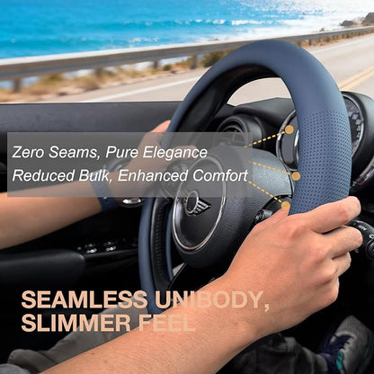 PINCTROT Nappa Leather Steering Wheel Cover, Slim Fit No Bulk Design, One Piece Leather with Breathable Perforation, Fit Like Gloves, Universal 14.5-15 Inch(Nappa Smoky Blue)