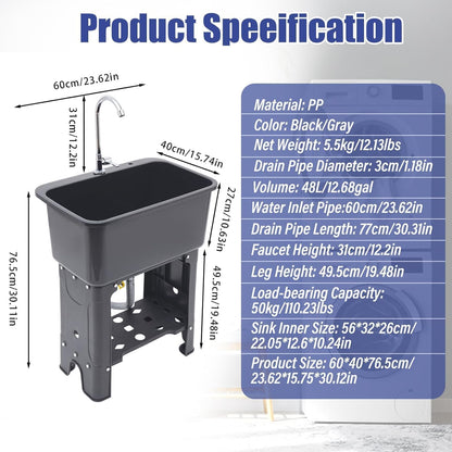 Free Standing Utility Sink with Washboard Laundry Tub Sink for Outdoor,Garage,Basement,Garden wuth Faucet,Drain,Storage Shelf (Gray, 23.6 * 15.8 * 30.1in)