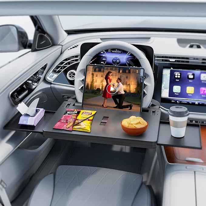 Steering Wheel Tray, Car Food Tray, Car Desk for Laptop, Multipurpose Car Table for Eating & Work, Adjustable Car Tray with Drawer and Anti-Slip Protective Adhesive