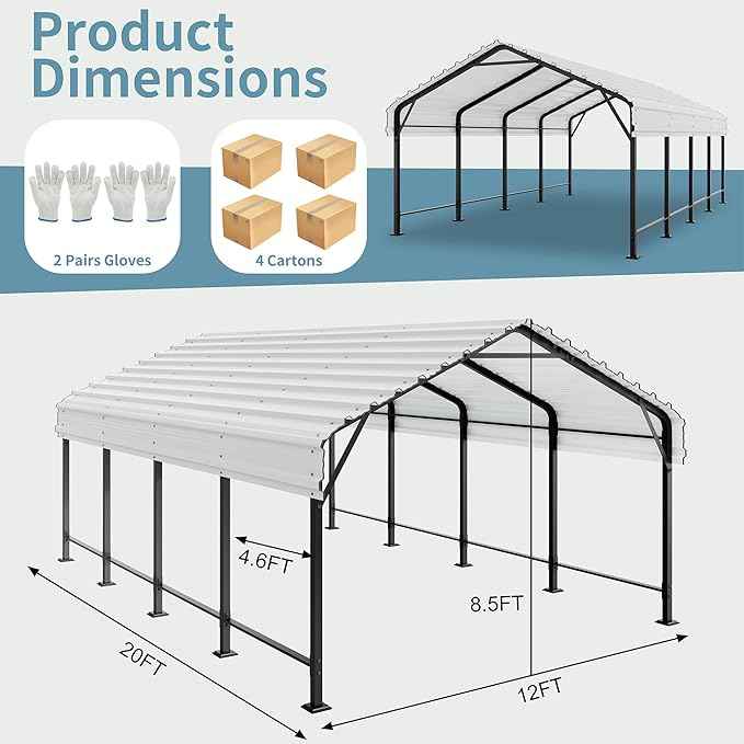 Shintenchi 12x20 FT Metal Carport, Oversized Carport Garage with Enhanced Base, Outdoor Galvanized Car Shelter, Heavy Duty Carports Canopy, for Car, Boats and Tractors, White