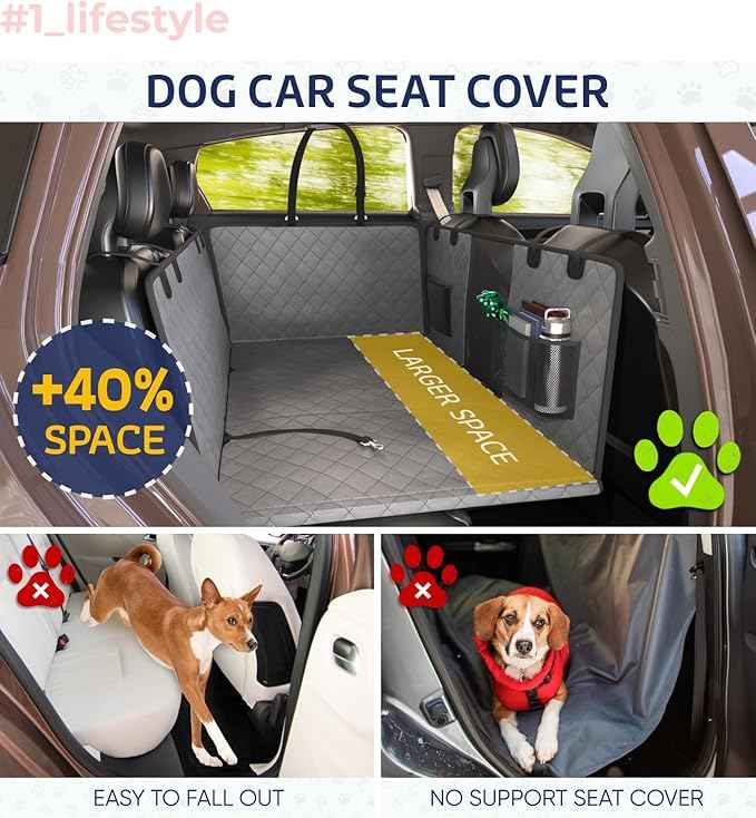 Katziela Large Seat Guard Waterproof Back Seat Extended Cover with Mesh Window Storage Pockets Double Layer Foam Mattress Dog Comfort Hammock Style Scratch Proof Nonslip Fits Car Trucks SUVs (Gray)