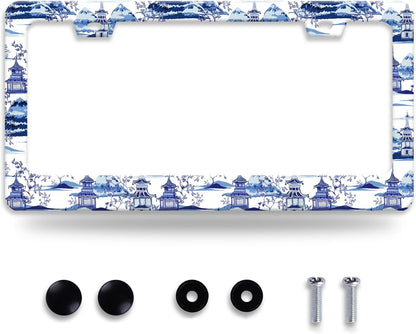 Blue White Porcelain Pattern License Plate Frame Chinoiserie License Plate Frames Funny for Car Decorative Parts Stainless Stee License Plate for Standard Us Canada 12x6 Inch