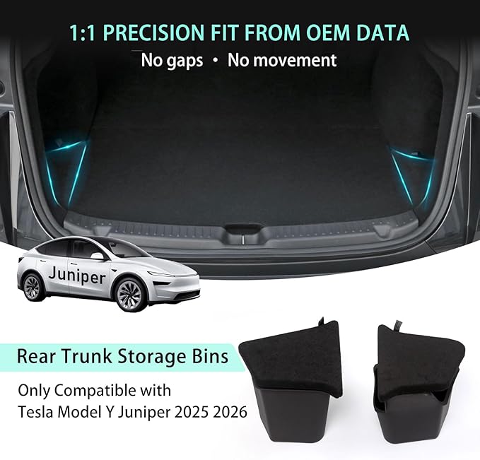 Trunk Storage Bins Trunk Organizer for 2025 2026 Tesla Model Y Juniper 5-Seater, 2PCS Large-Capacity Rear Side Storage Boxes with Carpeted Lid for Model Y Juniper Interior Accessories