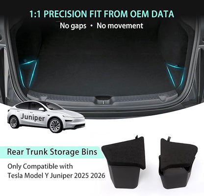 Trunk Storage Bins Trunk Organizer for 2025 2026 Tesla Model Y Juniper 5-Seater, 2PCS Large-Capacity Rear Side Storage Boxes with Carpeted Lid for Model Y Juniper Interior Accessories