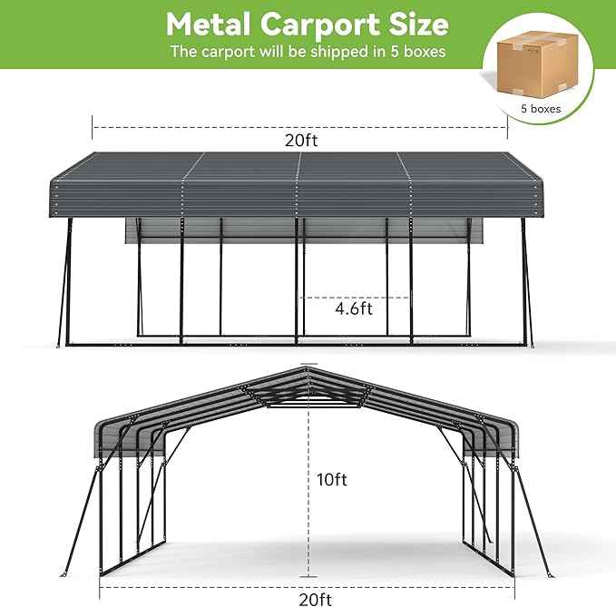 Heavy Duty Metal Carport, 20x20FT Carport Canopy with Galvanized Steel Roof and Reinforced Frame, 4 Support Rods, Outdoor Garage Car Shelter Shade for 2 Cars, Boats and Truck, Party, Gray