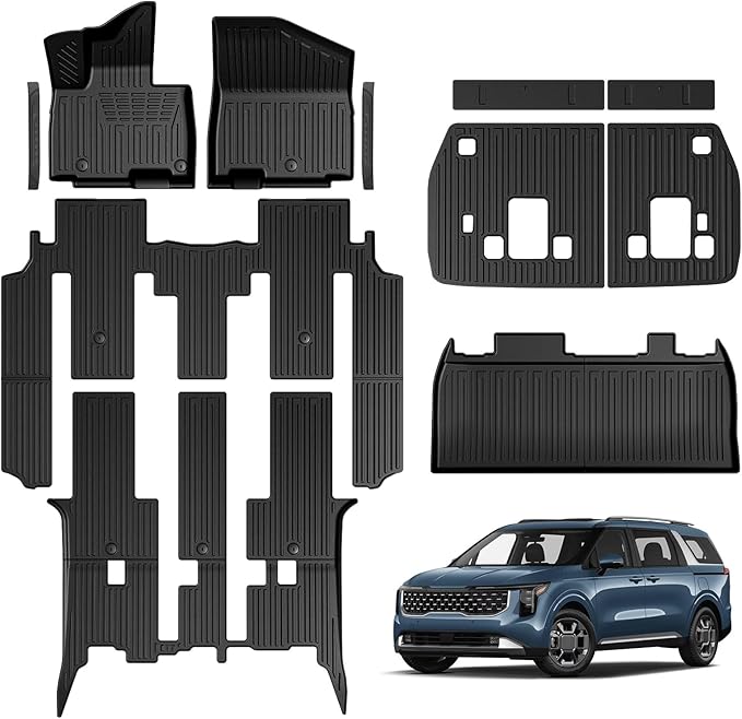 Floor Mats for Kia Carnival 2022-2026 Gas, Full Coverage All Weather Floor Mat Trunk Cargo Liner with Backrest Protectors & Door Sill Guards Accessories, Full Coverage Set (Fit 8 Sests)
