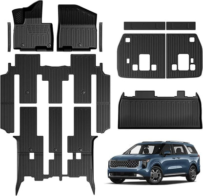 Floor Mats for Kia Carnival 2022-2026 Gas, Full Coverage All Weather Floor Mat Trunk Cargo Liner with Backrest Protectors & Door Sill Guards Accessories, Full Coverage Set (Fit 8 Sests)
