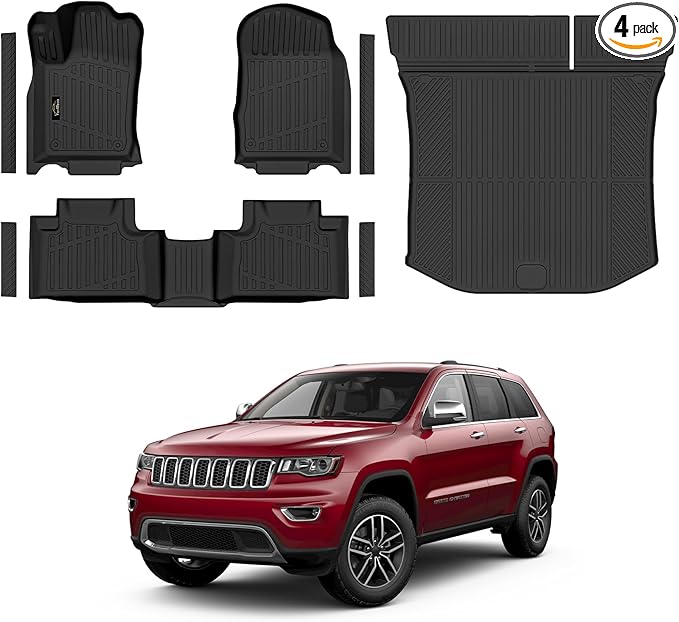Floor Mats & Trunk Mat Custom for Jeep Grand Cherokee & Dodge Durango 2016-2021/Grand Cherokee WK 2022 (Not for L) All Weather TPE Rubber Cargo Liner Automotive Full Set Accessories- Black