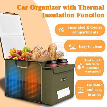 Car Seat Organizer-Car Organizers and Storage with Cooler Compartment, Car Organizer Front Back Seat for Kids, Car Storage Organizer with Lid Cup Holder Tissue Holder for Road Trips (Olive Green)