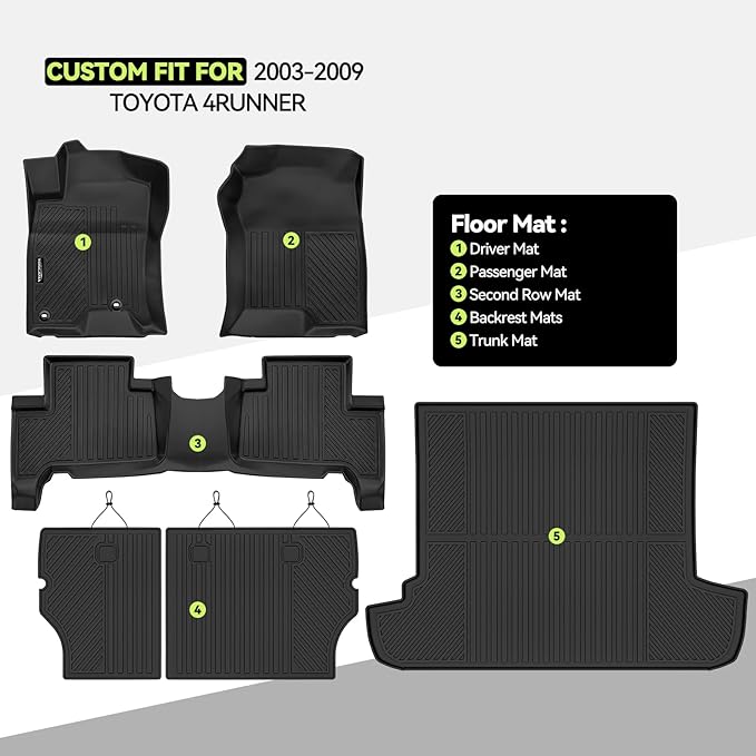 Tongama-Floor Mats for 2003-2009 Toyota 4Runner, All Weather TPE Floor Liners and Trunk Mat and Backrest Mats Protectors for Toyota 4Runner Waterproof Interior Accessories