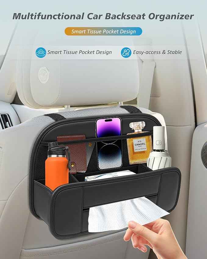 FLORICH Hanging Car Backseat Organizer, 5-in-1 Premium Leather Headrest Seat Back Storage with Cup Holder, Foldable Hanging Car Tissue Holder 2 Pack