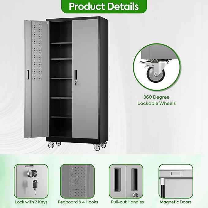 Aobabo Upgraded Garage Storage Cabinets with Wheels,Metal Storage Cabinets with 5 Adjustable Shelves for Garage Home Office Storage, Black&Dark Grey,71''H*32''W*16''D,Assembly Required