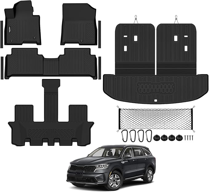 Tongama-Floor Mats for 2021-2026 Kia Sorento Hybrid (PHEV & Hybrid), All Weather TPE Trunk Mat with Backrest Mat & Cargo Net & Door Sill Guards for Kia Sorento Hybrid Floor Liner Accessories