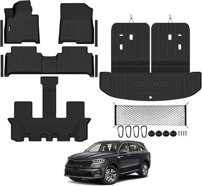 Tongama-Floor Mats for 2021-2026 Kia Sorento Hybrid (PHEV & Hybrid), All Weather TPE Trunk Mat with Backrest Mat & Cargo Net & Door Sill Guards for Kia Sorento Hybrid Floor Liner Accessories