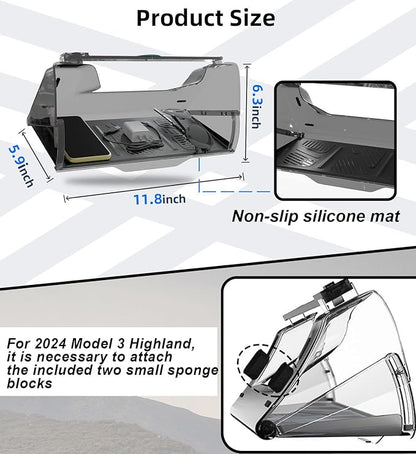 WinDu Under Screen Storage for Tesla Model 3 Y 2016-2025, Open and Close Hideable Center Console Organizer Tray with Anti-Slip Silicone Pad, Interior Accessories