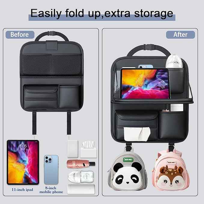 2 Pack Back Seat Car Organizer with Fold-Out Tray for 11" Tablets - Upgraded Nappa Leather, with Touchable PVC for 8" Mobile Phones, Including Tissue Dispenser, Suitable for Autos and SUVs, Black