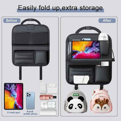 1 Pack Back Seat Car Organizer with Fold-Out Tray for 11" Tablets - Upgraded Nappa Leather, with Touchable PVC for 8" Mobile Phones, Including Tissue Dispenser, Suitable for Autos and SUVs, Black