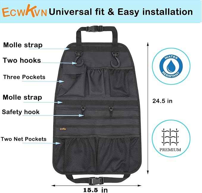 Car Seat Back Organizer, Heavy Duty Back Seat Organizer with Multiple Storage Pockets, Work Truck & SUV Seat Back Storage Bag for Tools, Tablet, Bottles & Essentials – Universal Fit