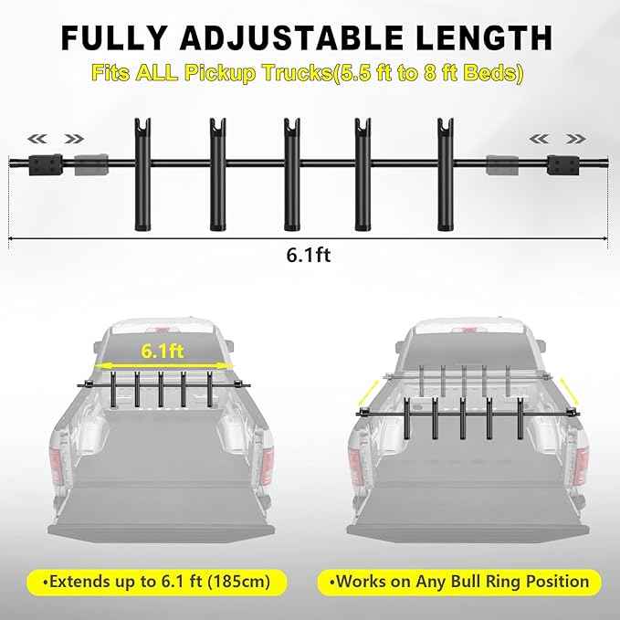 Inshore Rod Holder for Truck Bed, Fixed Truck Bed Fishing Rod Rack, Adjustable Rod Holder for Truck & SUV, Gifts Ideas for Men (All Aluminum Body-D Rings, 5 Rod Holder)