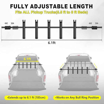 Inshore Rod Holder for Truck Bed, Fixed Truck Bed Fishing Rod Rack, Adjustable Rod Holder for Truck & SUV, Gifts Ideas for Men (All Aluminum Body-D Rings, 5 Rod Holder)