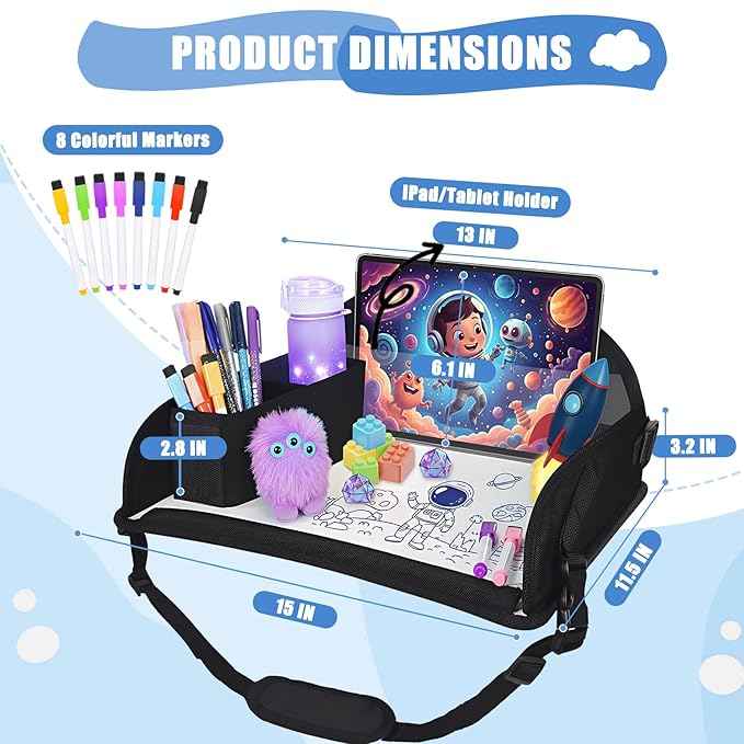 Upgraded Kids Travel Tray for Airplane - Toddler Car Seat Table Tray, Road Trip Essentials for Boys & Girls, Carseat Lap Desk for Kids Road Trip Activities, Black