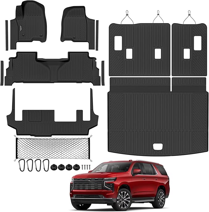Tongama-Floor Mats for 2025 2026 Chevy Suburban/GMC Yukon XL 8 Seats with Bench Seat, All Weather TPE Trunk Mat & 3rd Row Backrest Mats & Cargo Net & Door Sill Guards for Suburban Accessories