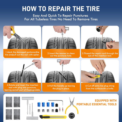 Tire Repair Kit,50PCS Tire Inflator Portable Air Compressor with 24000mwh Cordless Air Pump (150 PSI) for MPVs, Cars, E-Bikes and Motorcycles