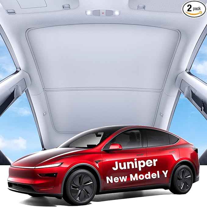 REEVAA Upgraded Tesla Model Y New (Juniper) Sunshade Roof [No Gaps, No-Sagging] Tesla Y Accessories Heat Insulation Foldable Glass Sunroof Cover for Model Y Juniper 2025-2026, 2PCS, Gray