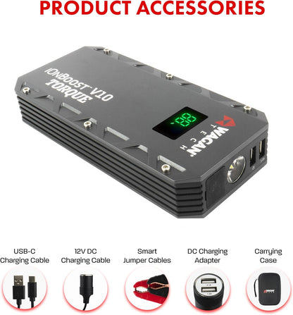 Wagan EL7507 Jump Starter iOnBoost V10 Torque 1000Amp Peak 12V Portable Lithium Car Battery Up to 7.8L V10 or 6.7L Diesel, 12V Jump Pack with Built-in LED Bright Light, UL Certified