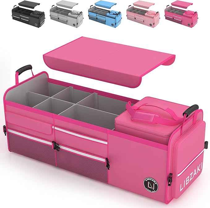 LIBZAKI Oversize 4 in 1 Car Trunk Storage Organizer, Multi Compartment Collapsible Trunk Storage Box with Cooler Bag for Car Truck SUV-Rose red