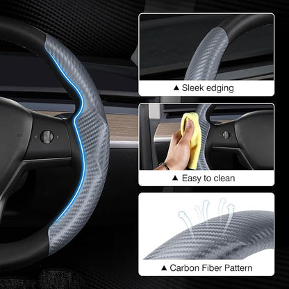 Steering Wheel Cover for Telsa Model 3/Model Y Accessories Carbon Fiber Steering Wheel Cover Protector Anti-Slip, Comfortable Grip, Breathable, Model 3/Y Accessories, Grey