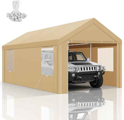 COBIZI 10x20 FT Heavy Duty Carport with Galvanized Frame, Carport Canopy with Roll-up Windows, Storage Tent with Removable Sidewalls & Doors, Built-in Sandbags for Car Boat Truck, Khaki