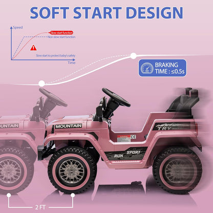 12V Kids Ride On Truck Car, Battery Powered Electric Vehicles with Remote Control, Spring Suspensions, 3 Speeds, LED Lights, Music, MP3, Ride On Toy Car for Children Toddles Boys Girls, Light Pink - AutoBay