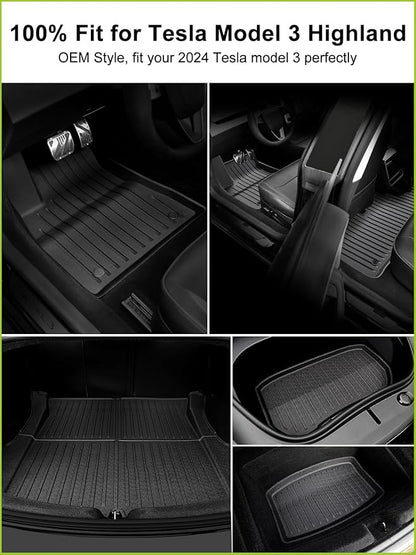 Floor Mats for 2025 2024 Tesla Model 3 Highland, All Weather TPE Cargo Liner Floor Mats Frunk Trunk Mats fit Tesla Model 3 Accessories 2024 2025, 6 PCS