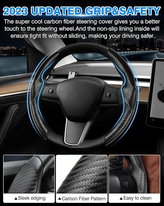 Shademax for Tesla Steering Wheel Cover Tesla Model Y/3 2017-2025 2026 (Fit Model Y Juniper 2026/ Model 3 Highland) Carbon Fiber Steering Wheel Cover Protector Anti-Slip Model Y/3 Accessories (Black)