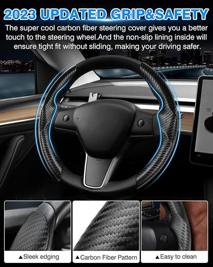 Shademax for Tesla Steering Wheel Cover Tesla Model Y/3 2017-2025 2026 (Fit Model Y Juniper 2026/ Model 3 Highland) Carbon Fiber Steering Wheel Cover Protector Anti-Slip Model Y/3 Accessories (Black)
