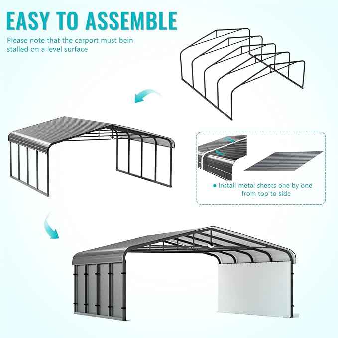 Metal Carport 20x20,Car Port Heavy Duty Metal for Snow,Car Tent Garage with Galvanized Metal Roof,Outdoor Two Car Carports All Weather
