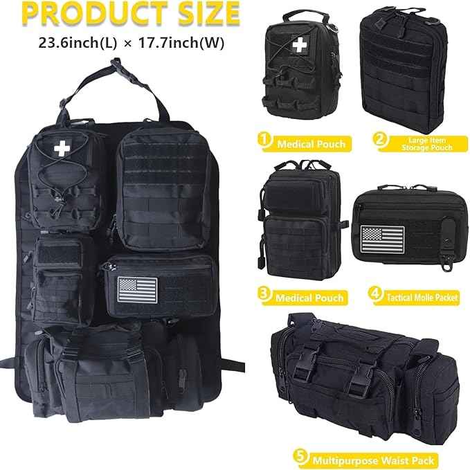 Universal Tactical Car Seat Back Organizer Bag Tactical Molle Vehicle Organizers Panel Vehicle Protector Organizers with 5 Detachable Pouches for Car (Upgraded B black)