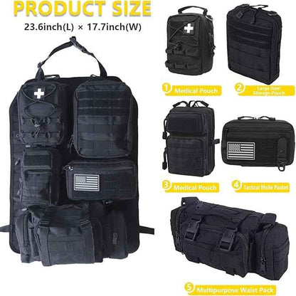Universal Tactical Car Seat Back Organizer Bag Tactical Molle Vehicle Organizers Panel Vehicle Protector Organizers with 5 Detachable Pouches for Car Truck Ford Jeep (Model B-Black)