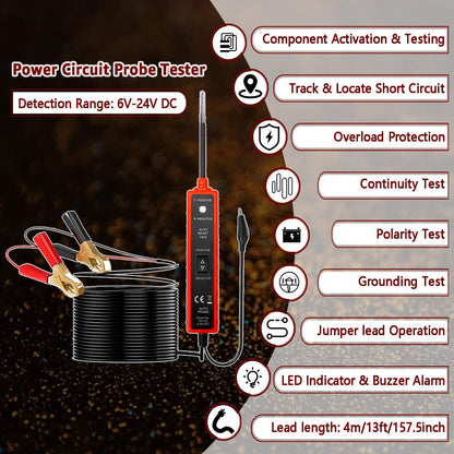 Power Circuit Probe Tester, 6V-24V DC Test Light, Automotive Short Circuit Located and Component Activated, 12V Auto Electrical Tester, Polarity Identify with LED Light, Overload Protection