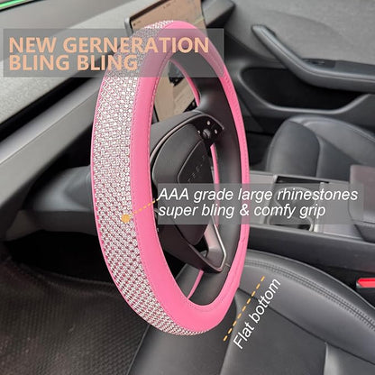PINCTROT Bling Comfy Steering Wheel Cover for Tesla Model Y/3 Highland/Juniper, D Shaped 14 Inch Small Sized with Jumbo Crystal Rhinestones, Flat Bottom with Anti-Slip Diamond Leather (All Pink)