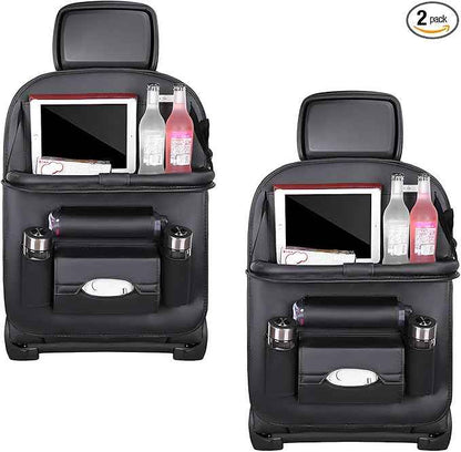 2PCS Car Backseat Organizer, Leather Multi-Pocket Seat Back Protector with Foldable Table Tray, Multifunctional Vehicle Storage Organizer Kick Mat for Kids Toddler Travel (Black)