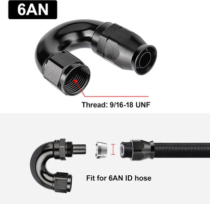 EVIL ENERGY 6AN 180 Degree PTFE One Piece Full Flow End Hose Fitting Aluminum Black