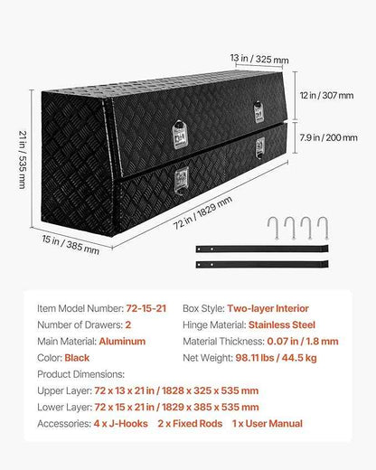 VEVOR Contractor Truck Tool Box, 72 x 21 x 13 in, Black Tread Aluminum TopSider Toolbox with Two Lower Drawers, Flip Up Door, Weather-Resistant Heavy Duty Storage Box with Latch, for Truck Bed Pickup